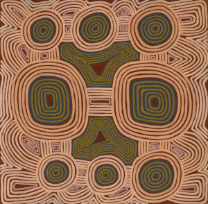 Artwork with red and brown circles representing an overhead view of the NT desert