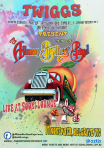 Twiggs Allman Brothers Tribute Band Sooki Lounge Gig Poster. Colourful psychedelic background with a graphic of a 1970s truck hauling large peaches. Dancing mushrooms in the foreground.