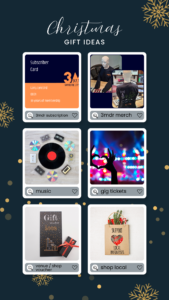 plain blue background with gold xmas decorations showing 6 mini web search boxes with xmas gift ideas: 3mdr sub, 3mdr merch, music, tickets, gift vouchers and shop local.