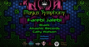 Poster for Solve et Coagula presents Magus Symphony event at Sooki Lounge. Trippy psychedelic writing and colourful graphics with list of main artists performing.