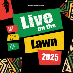 Live on the lawn poster. Black background with events details within red, green and yellow shapes. Multi coloured shape patterns in the corners.