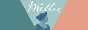 Exhibition banner poster. Green, aqua and orange background with a photo of Dame Nellie Melba in the middle.