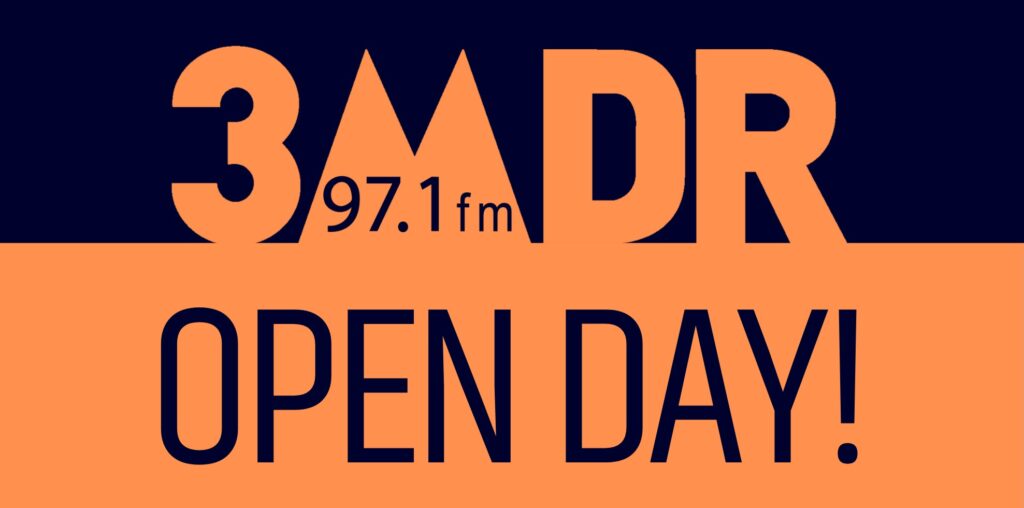 3MDR open day graphic. Dark blue and orange background with the 3MDR logo and the words "open day".