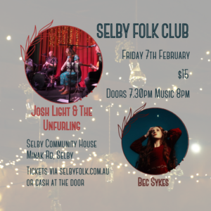 Selby Folk Club Tile showing event info and a pic of josh Light & The Unfurling and Bec Sykes.