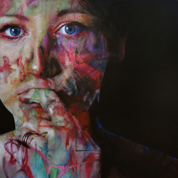 Artwork by Amber Rose Hulme, Resilience 2023 – acrylic and pencil on wood panel 70cm x 65cm. A women holding her hand unto her mouth. Multi coloured streaks across face.