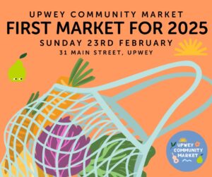 Upwey community market poster. Orange background. Black writing. Drawing of a netted shopping bag full of fresh market produce.