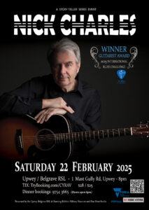 Nick Charles gig poster. Black background with white writing. Photograph of nick seated and holding an acoustic guitar.