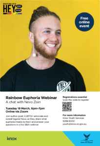 Rainbow Euphoria: A chat with Nevo Zisin poster. Picture of Nevo smiling with yellow background. Black writing on white background.