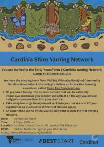 Cardinia Yarning Network of the year, Camp Fire Conversations poster. Brown and blue background. Indigenous art drawing featuring animals and other symbols. 