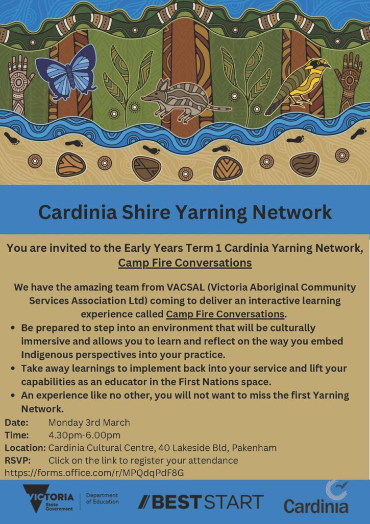 Cardinia Yarning Network of the year, Camp Fire Conversations poster. Brown and blue background. Indigenous art drawing featuring animals and other symbols.