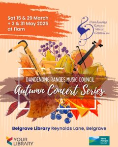 Autumn Concert series poster. Cream background. Purple and red writing. Illustration of autumn leaves, musical instruments and berries in the middle.