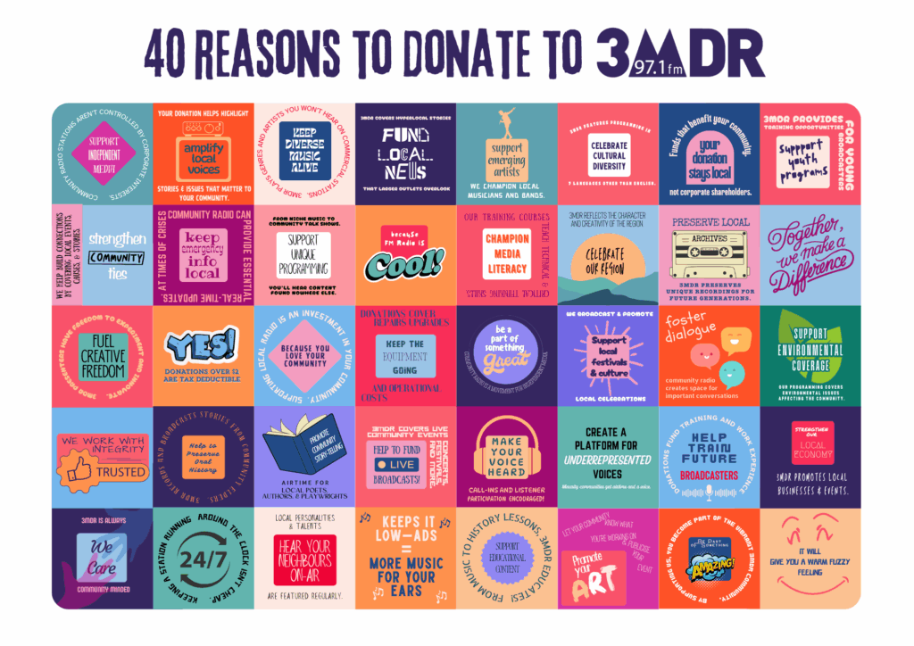 patchwork: 40 colourful squares with reasons to donate to 3MDR
