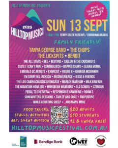 Hilltop music festival poster. Multi coloured (pink, purple, aqua, blue), multi coloured writing with event details and bands. 