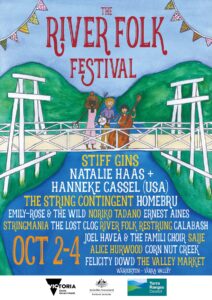 River Folk Festival Warburton poster. Painting of three musicians standing on one of the wooden foot bridges that cross the Yarra River at Warburton. With the blue river below and green mountains behind. Multi coloured text below bridge.