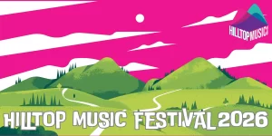 Hilltop Music Festival 2026 Banner Poster. Digital colourful illustration of a green hilly landscape.